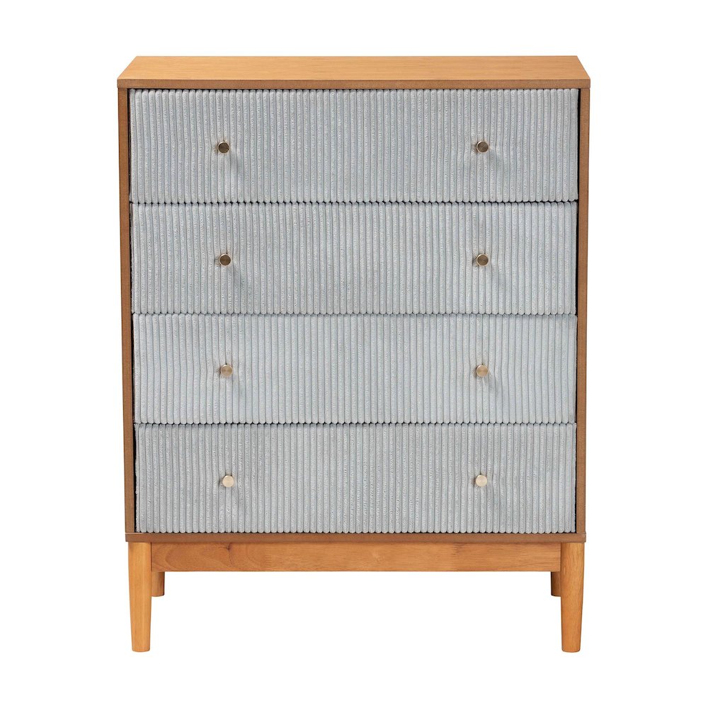 Taylin Mid-Century Grey Corduroy and Oak Brown Wood 4-Drawer Chest. Picture 3