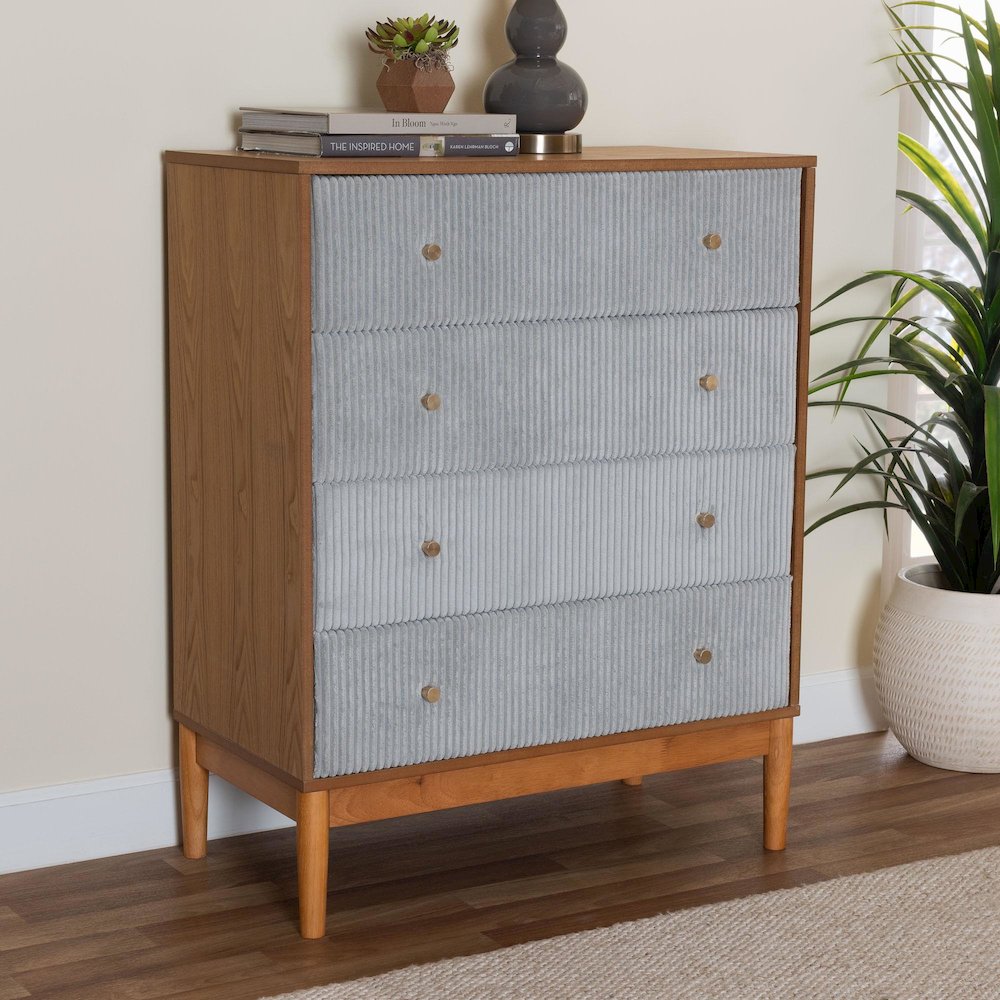 Taylin Mid-Century Grey Corduroy and Oak Brown Wood 4-Drawer Chest. Picture 8