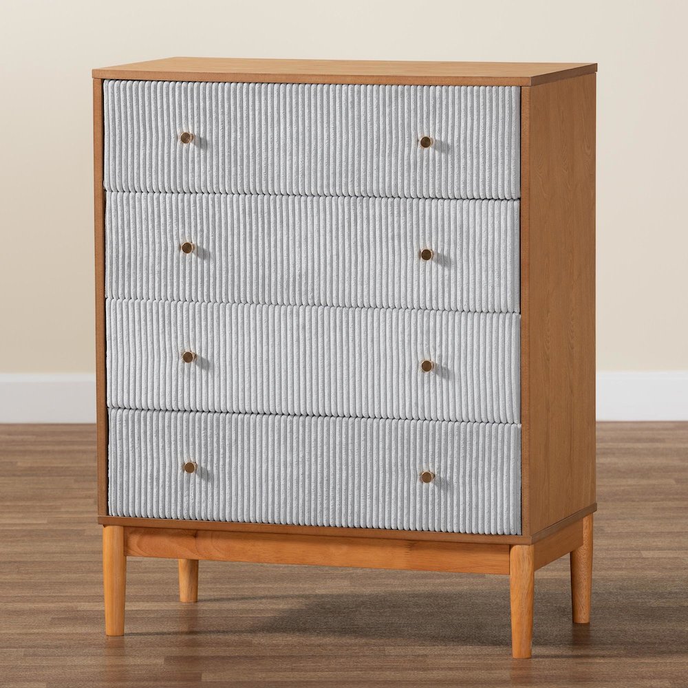 Taylin Mid-Century Grey Corduroy and Oak Brown Wood 4-Drawer Chest. Picture 9