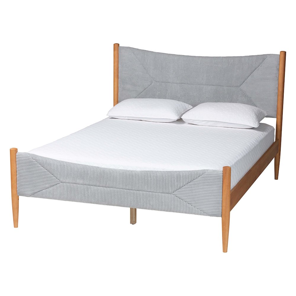 Taylin Mid-Century Grey Corduroy and Oak Brown Wood Queen Bed. Picture 1