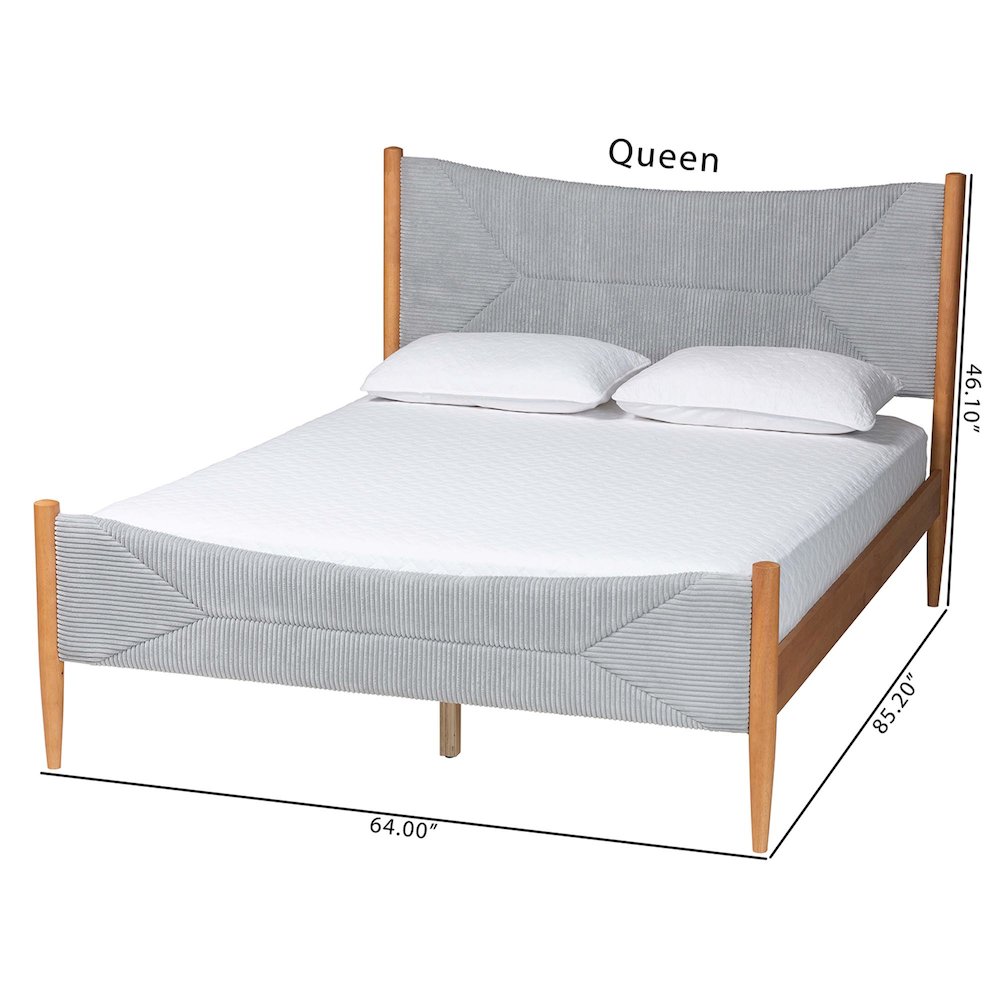 Taylin Mid-Century Grey Corduroy and Oak Brown Wood Queen Bed. Picture 10