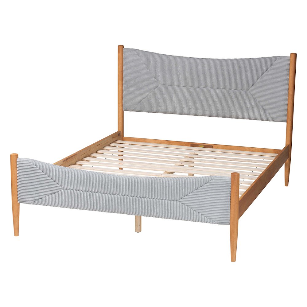 Taylin Mid-Century Grey Corduroy and Oak Brown Wood Queen Bed. Picture 3