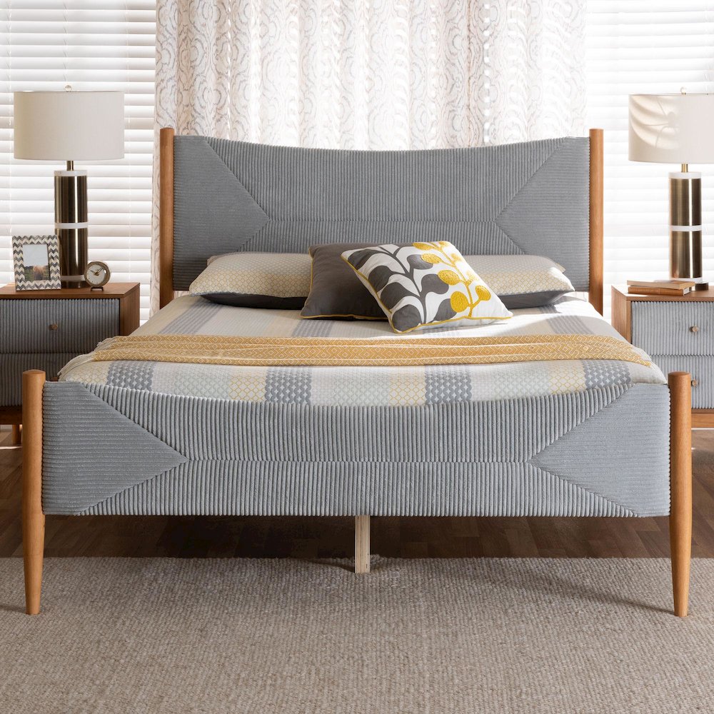 Taylin Mid-Century Grey Corduroy and Oak Brown Wood Queen Bed. Picture 8