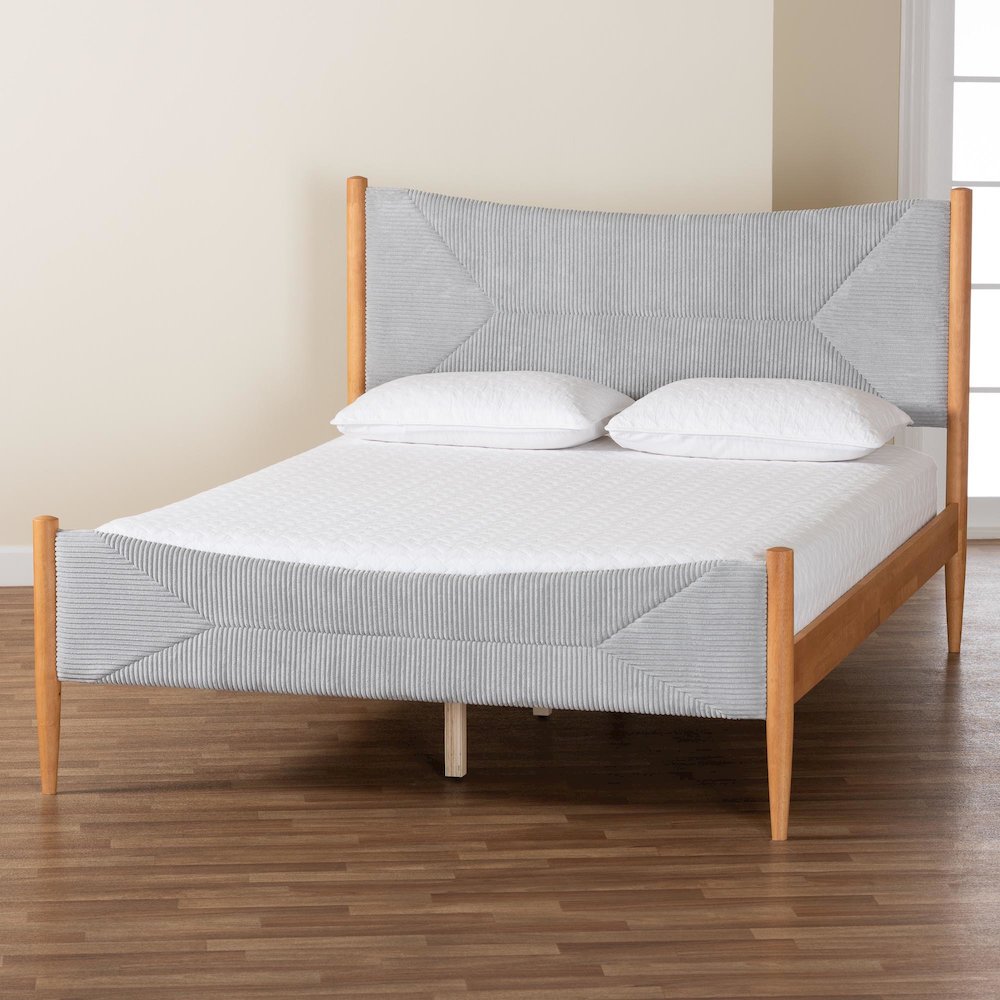 Taylin Mid-Century Grey Corduroy and Oak Brown Wood Queen Bed. Picture 9
