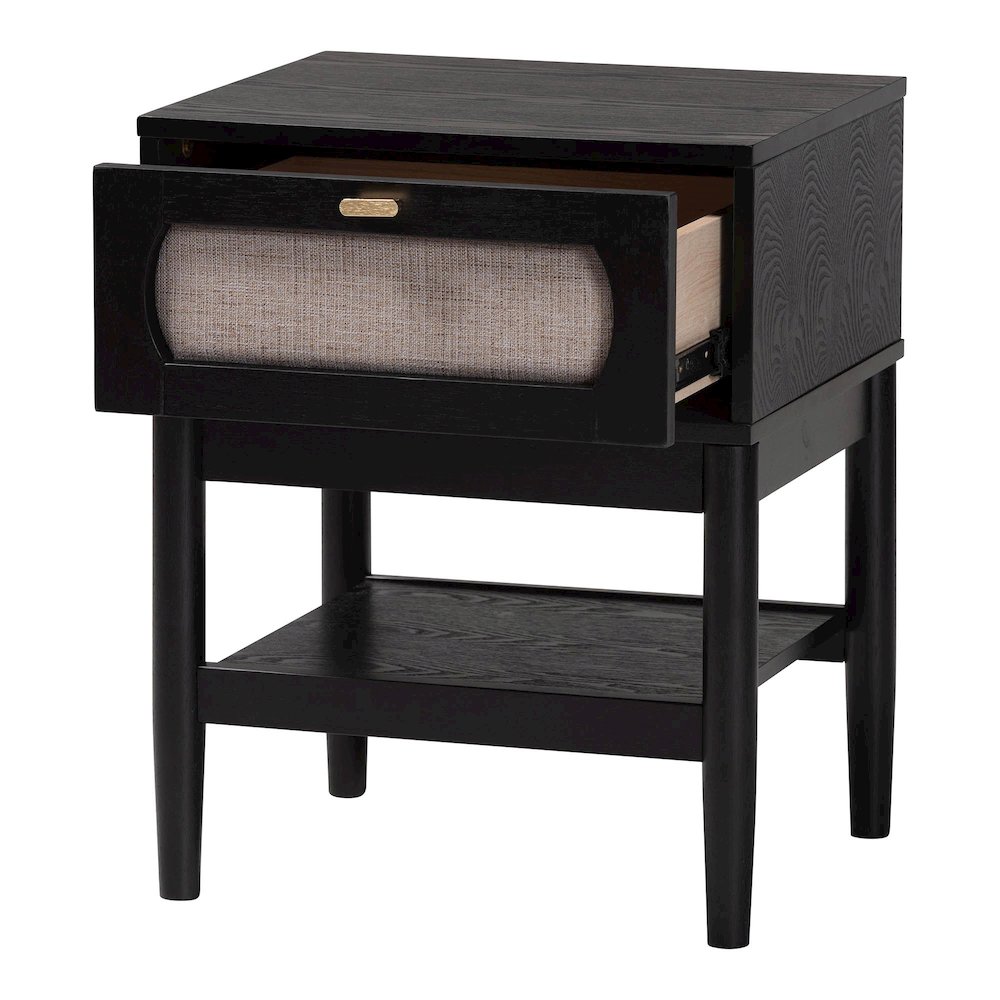 Shirin Mid-Century Beige Fabric and Black Wood 1-Drawer Nightstand. Picture 2
