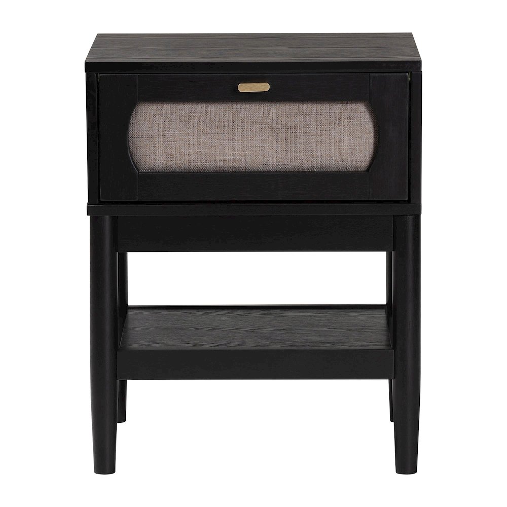 Shirin Mid-Century Beige Fabric and Black Wood 1-Drawer Nightstand. Picture 3