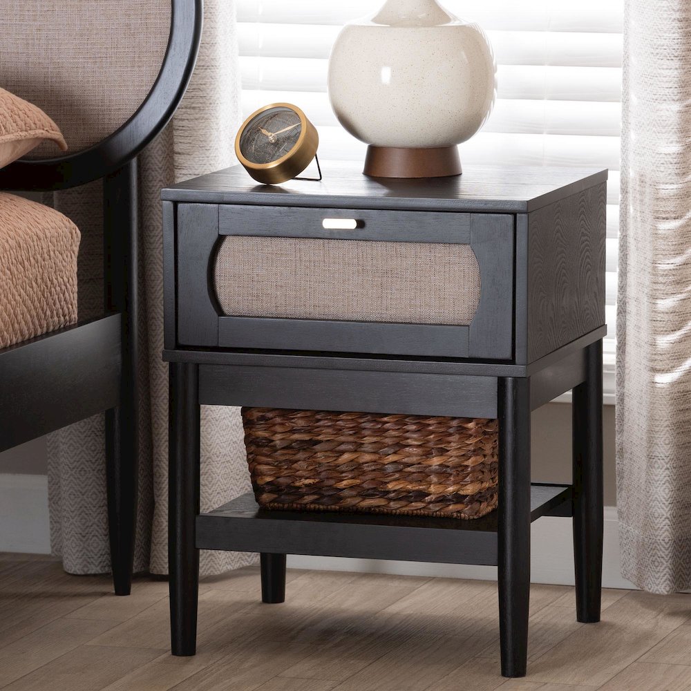 Shirin Mid-Century Beige Fabric and Black Wood 1-Drawer Nightstand. Picture 8