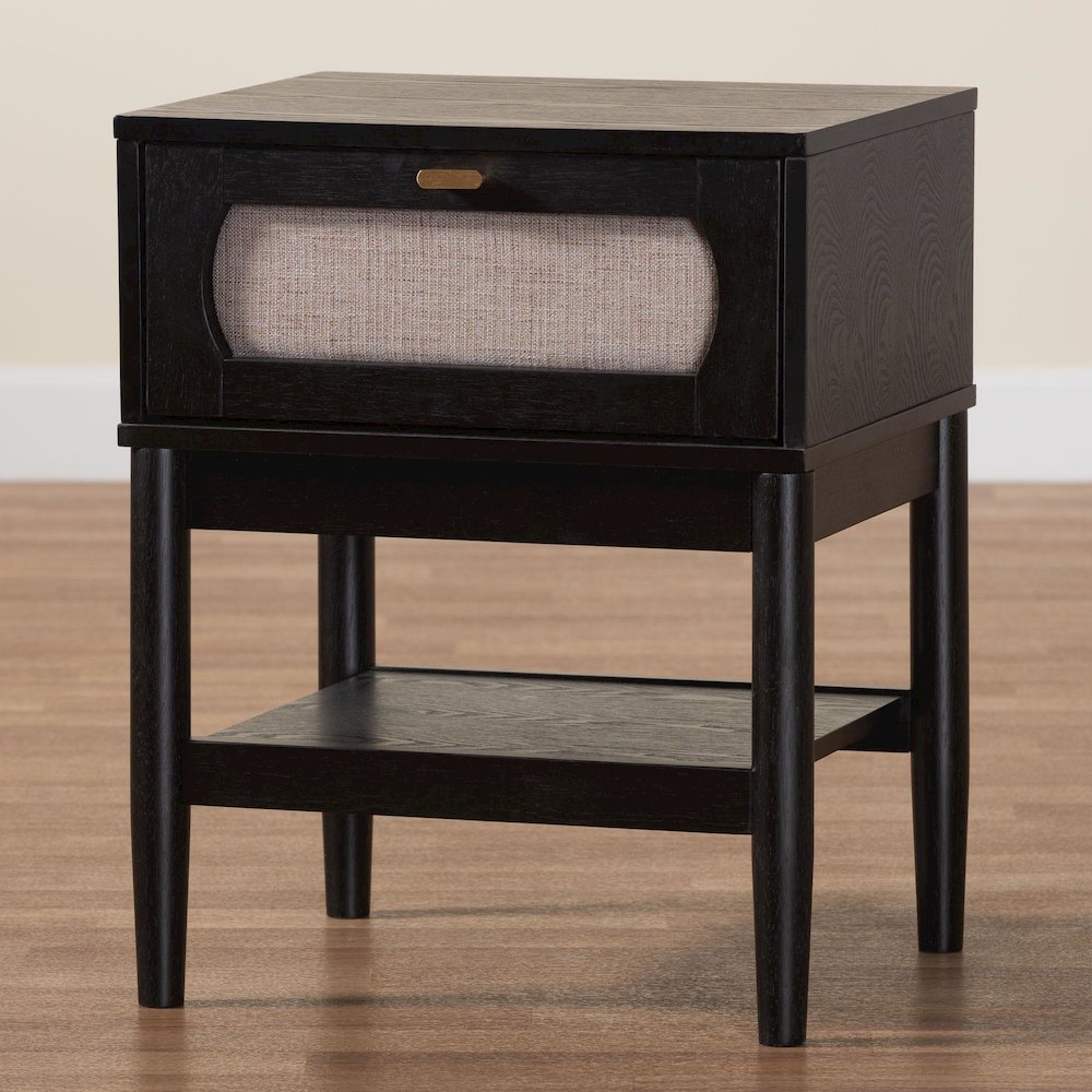 Shirin Mid-Century Beige Fabric and Black Wood 1-Drawer Nightstand. Picture 9