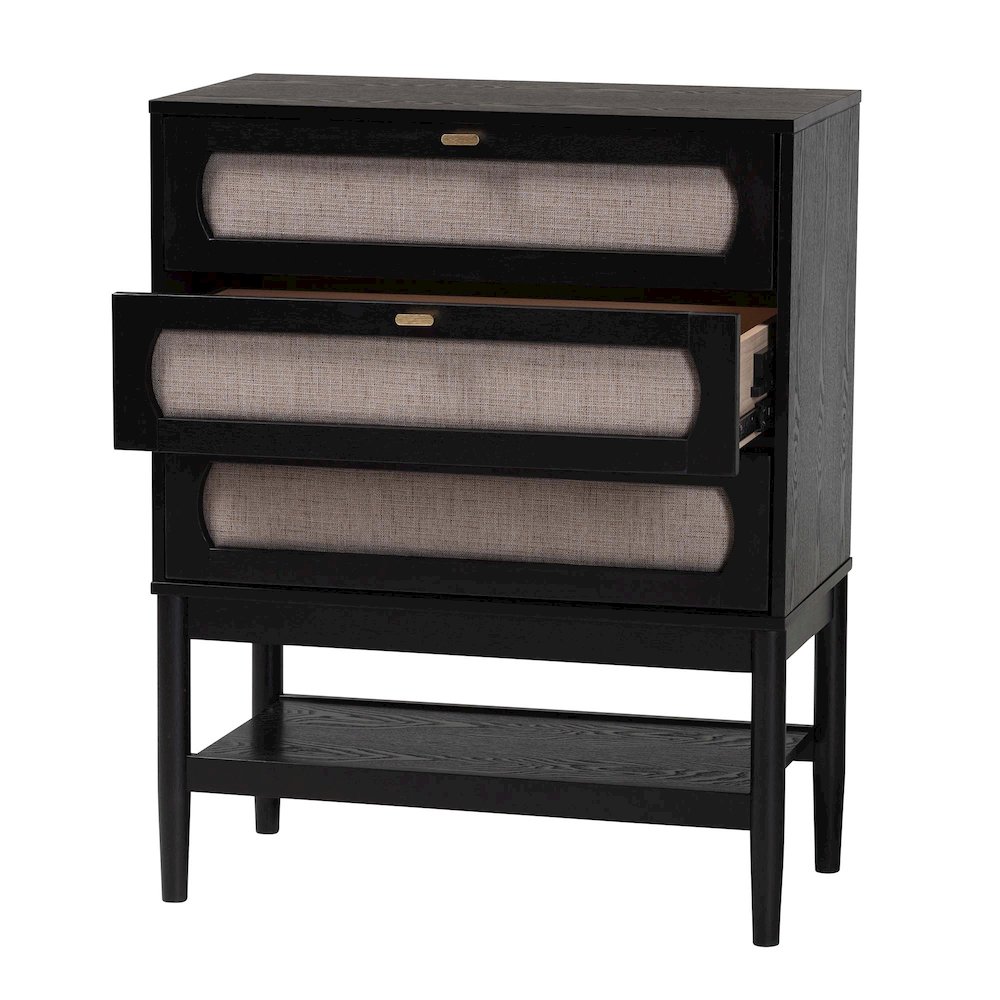 Shirin Mid-Century Beige Fabric and Black Wood 3-Drawer Chest. Picture 2
