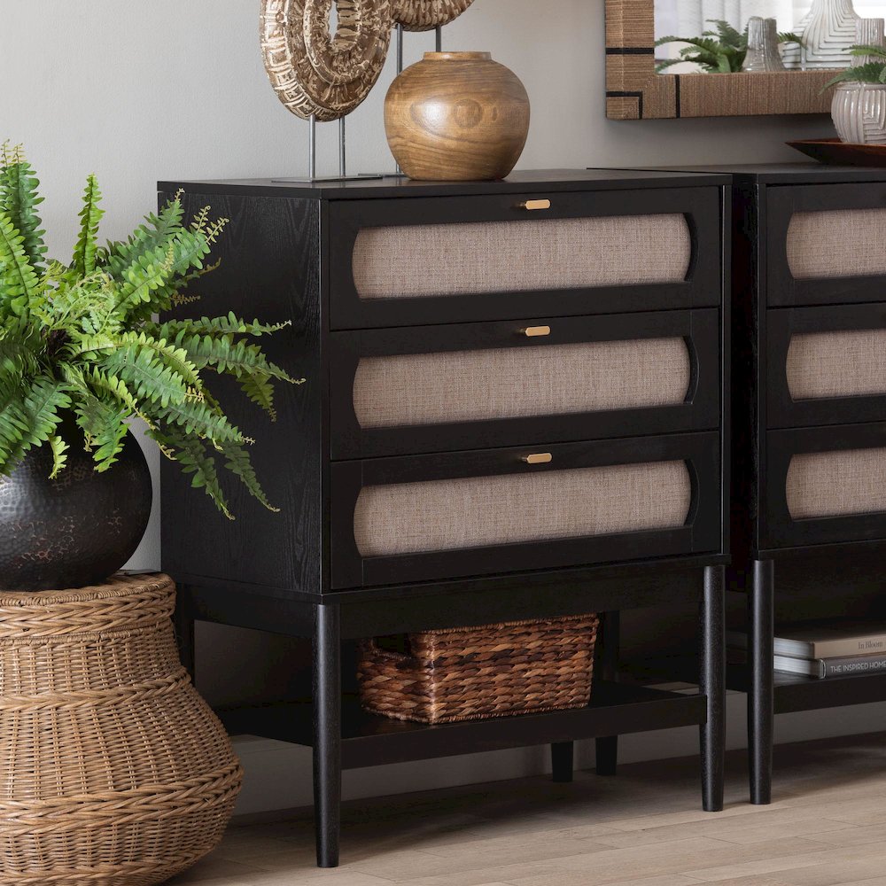 Shirin Mid-Century Beige Fabric and Black Wood 3-Drawer Chest. Picture 8