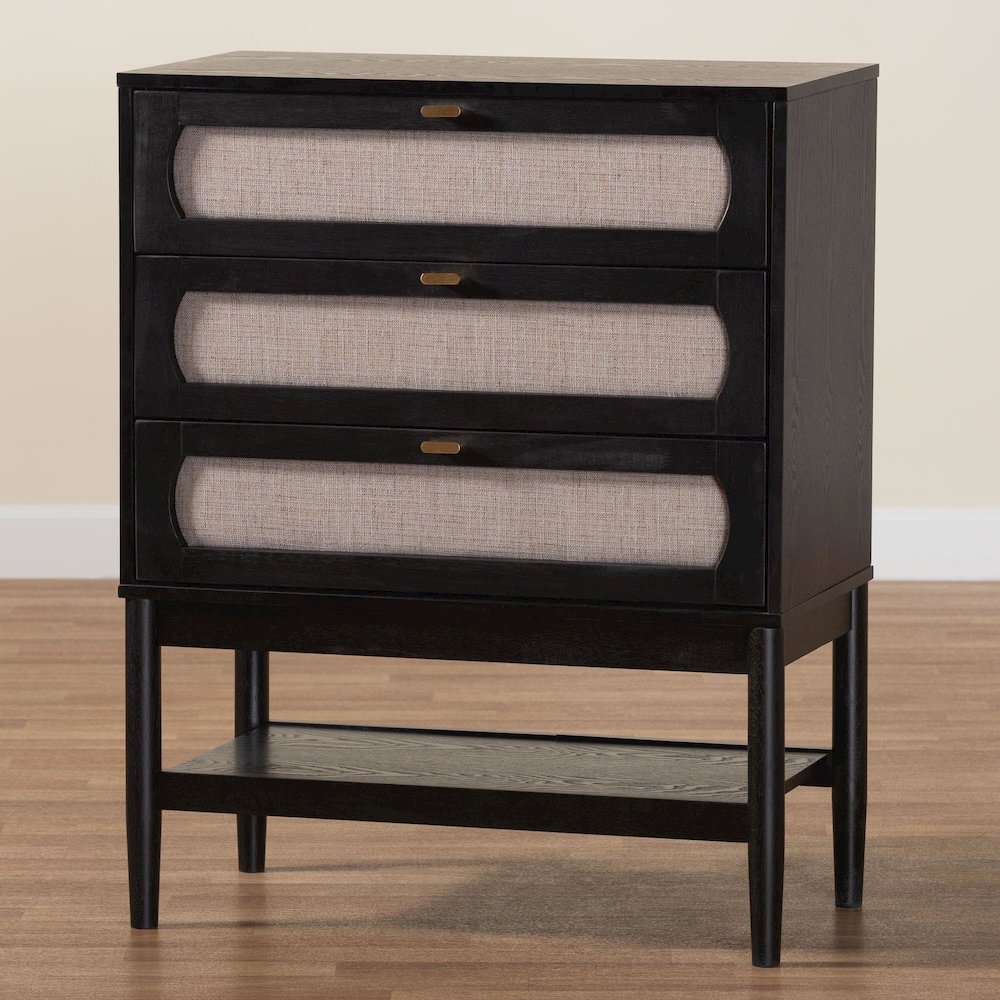 Shirin Mid-Century Beige Fabric and Black Wood 3-Drawer Chest. Picture 9