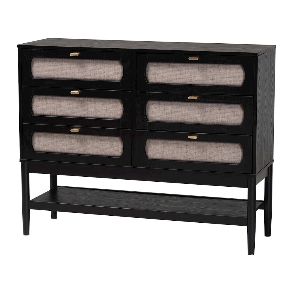 Shirin Mid-Century Beige Fabric and Black Wood 6-Drawer Dresser. Picture 1