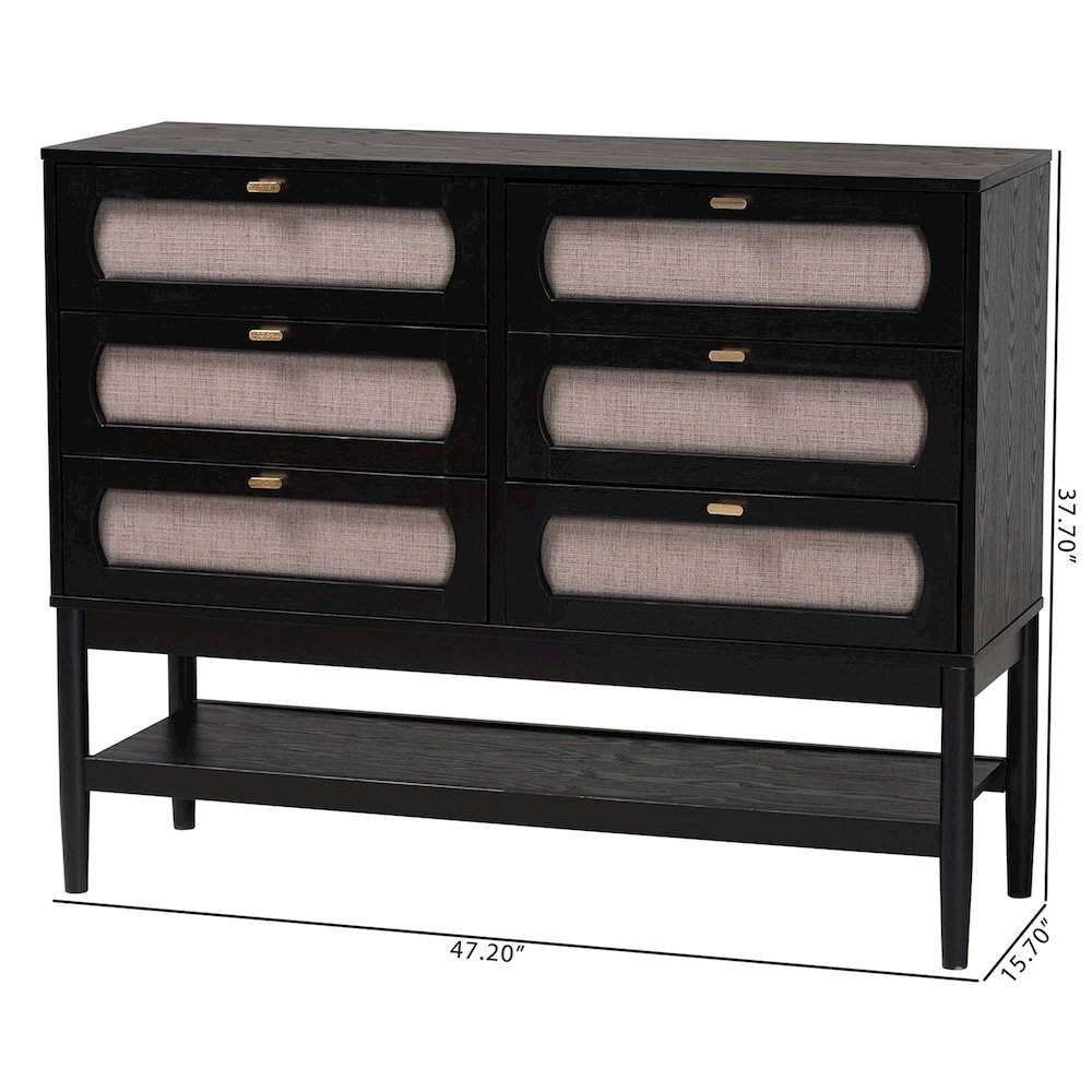 Shirin Mid-Century Beige Fabric and Black Wood 6-Drawer Dresser. Picture 10