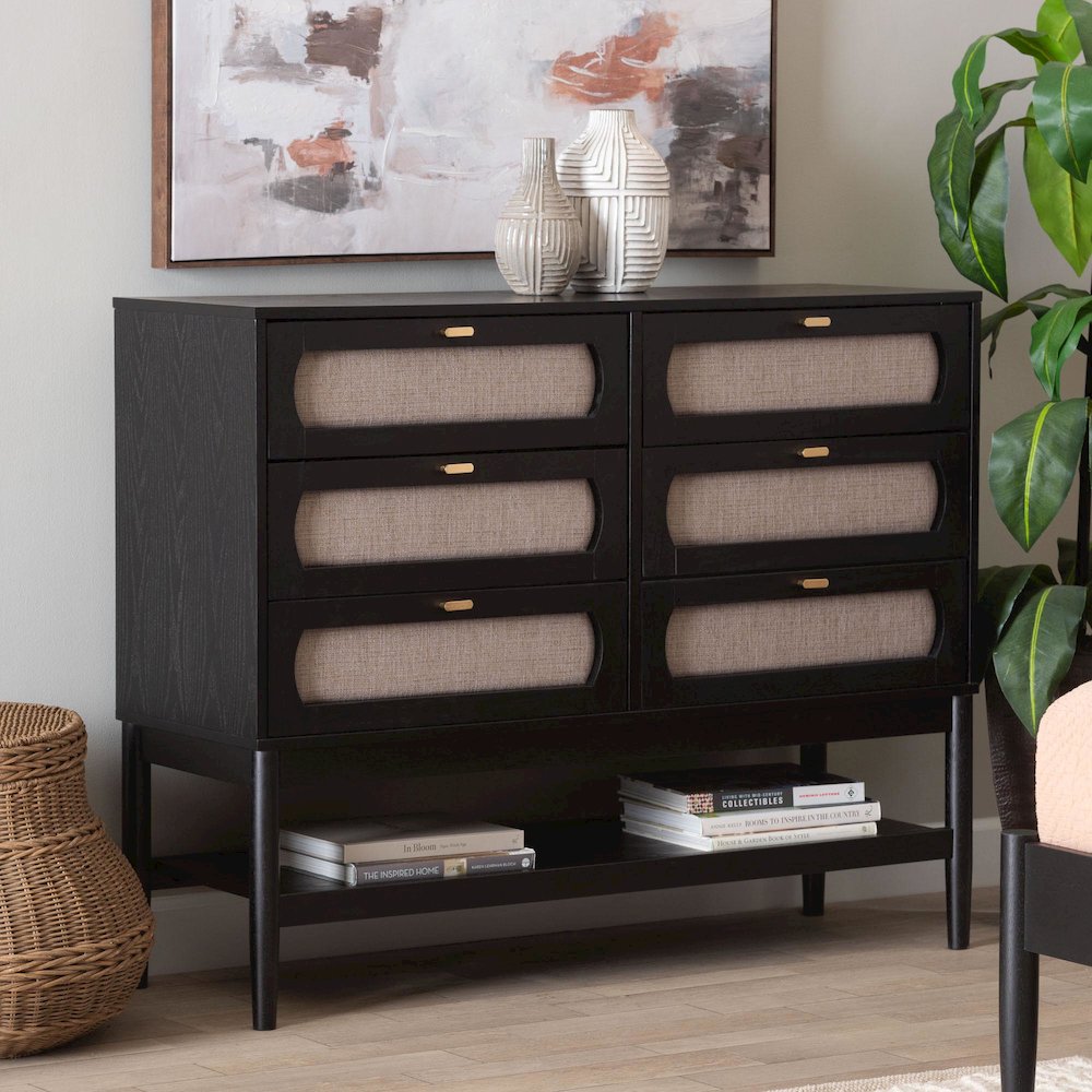 Shirin Mid-Century Beige Fabric and Black Wood 6-Drawer Dresser. Picture 8