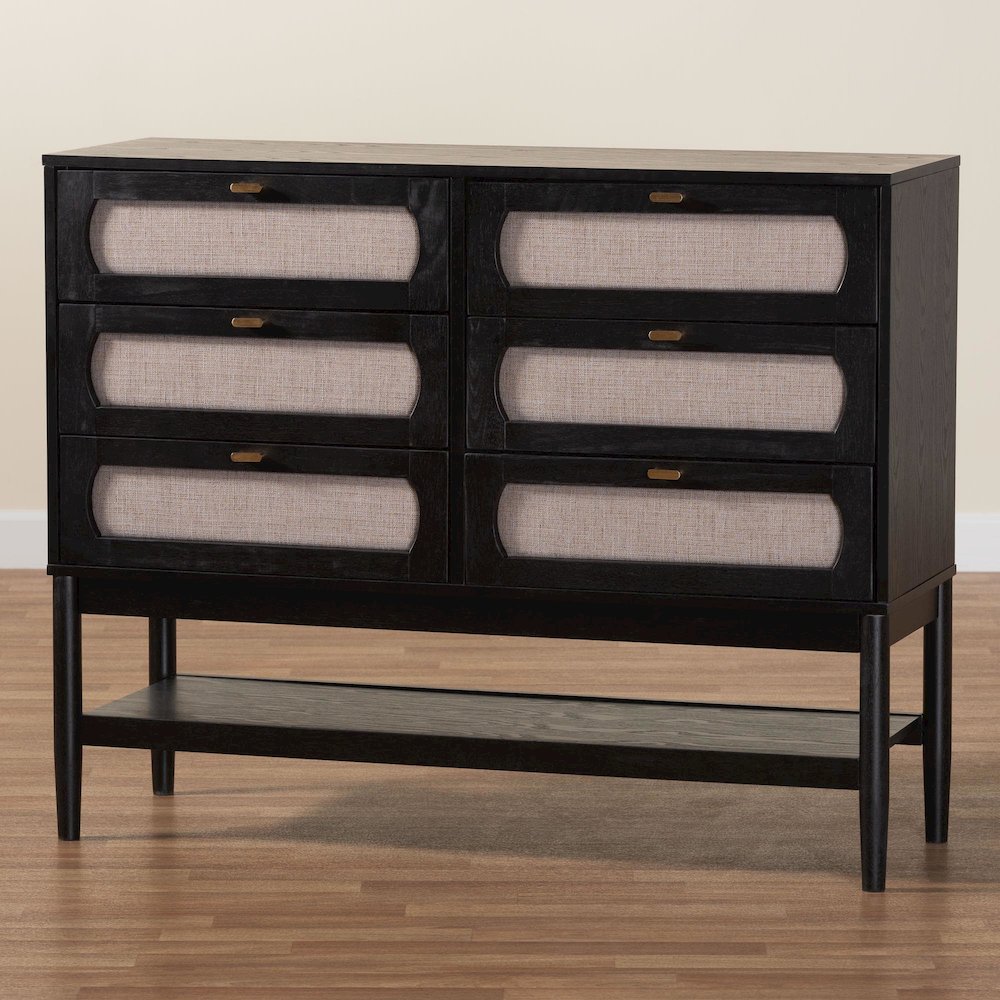 Shirin Mid-Century Beige Fabric and Black Wood 6-Drawer Dresser. Picture 9