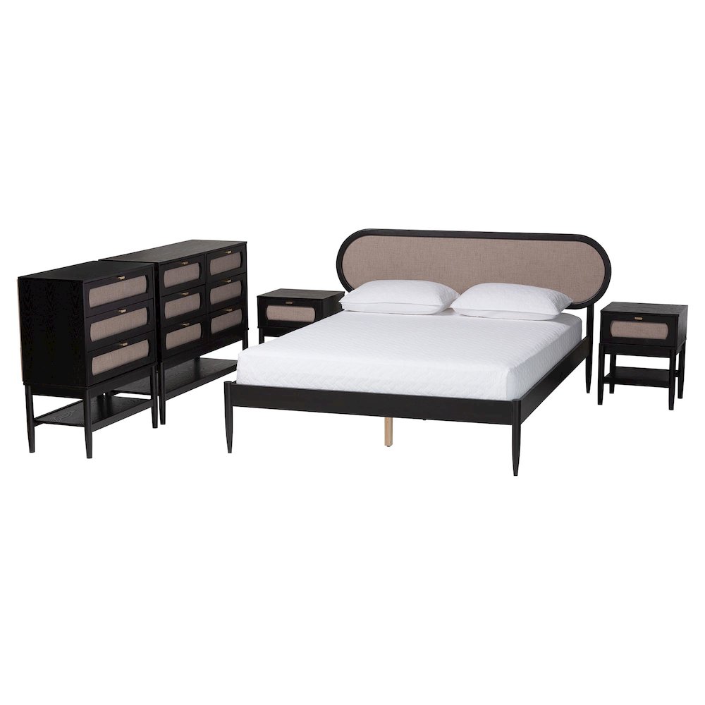 Shirin Mid-Century Beige Fabric and Black Wood Queen 5-Piece Bedroom Set. Picture 1