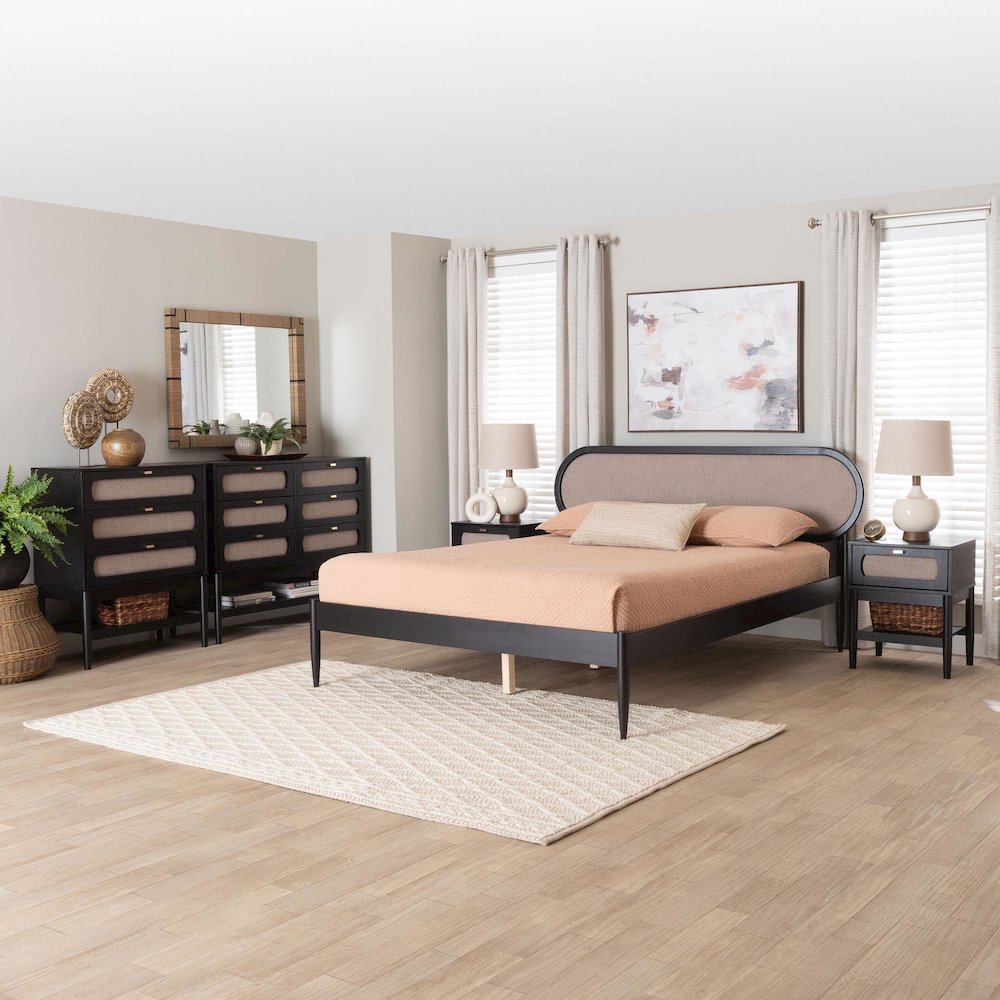 Shirin Mid-Century Beige Fabric and Black Wood Queen 5-Piece Bedroom Set. Picture 12