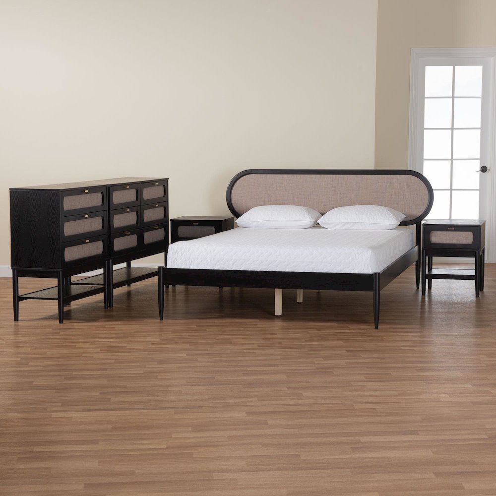 Shirin Mid-Century Beige Fabric and Black Wood Queen 5-Piece Bedroom Set. Picture 13