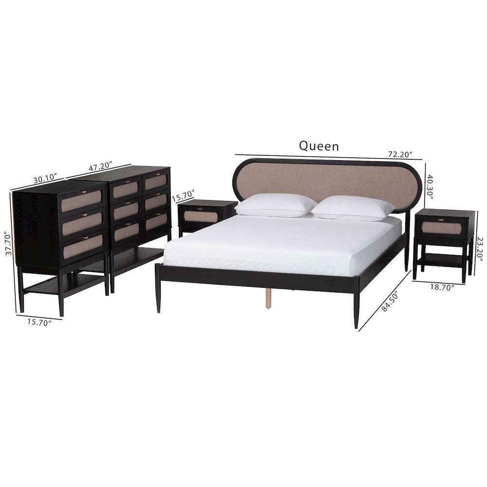 Shirin Mid-Century Beige Fabric and Black Wood Queen 5-Piece Bedroom Set. Picture 14