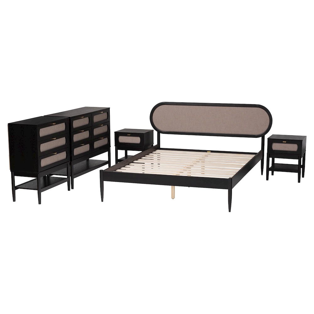 Shirin Mid-Century Beige Fabric and Black Wood Queen 5-Piece Bedroom Set. Picture 2