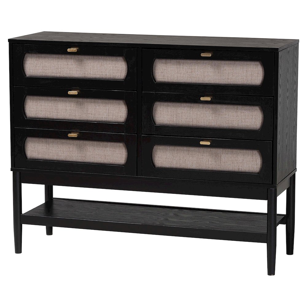 Shirin Mid-Century Beige Fabric and Black Wood Queen 5-Piece Bedroom Set. Picture 6