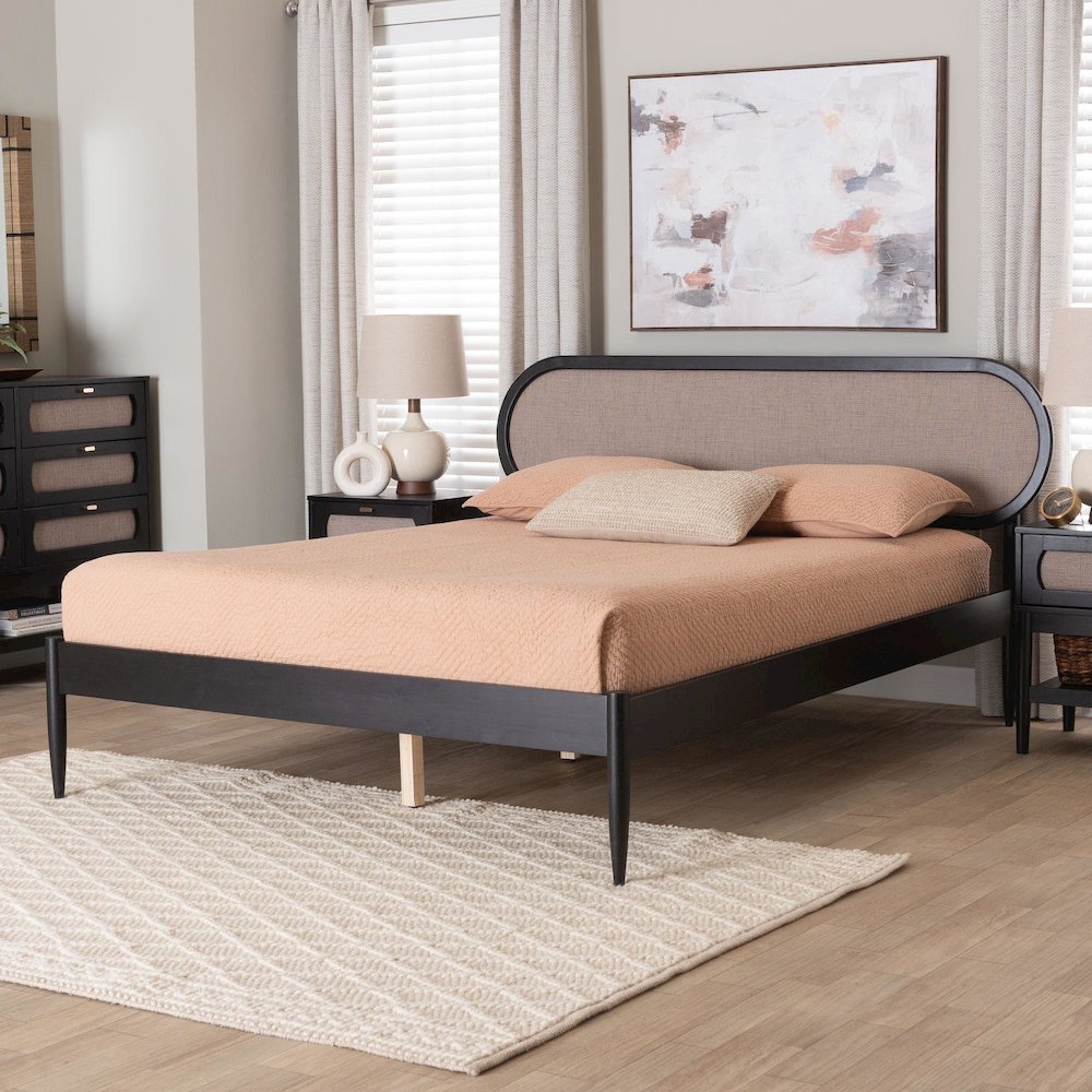 Shirin Mid-Century Beige Fabric and Black Wood Queen Platform Bed. Picture 7