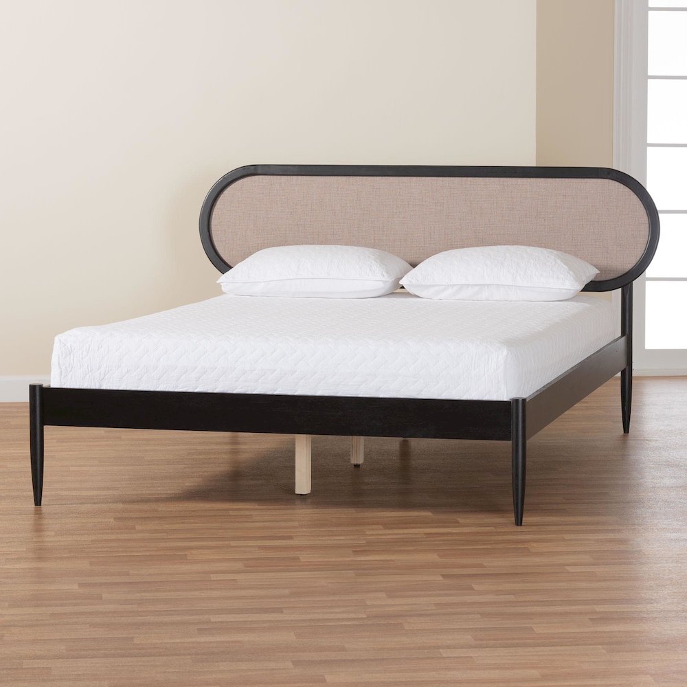 Shirin Mid-Century Beige Fabric and Black Wood Queen Platform Bed. Picture 8