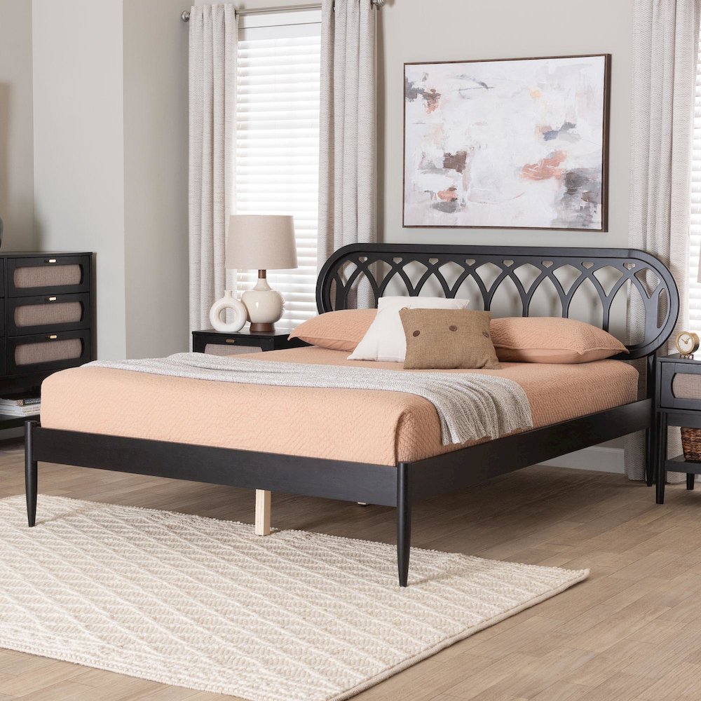 Florica Art Deco Black Wood Queen Platform Bed. Picture 7