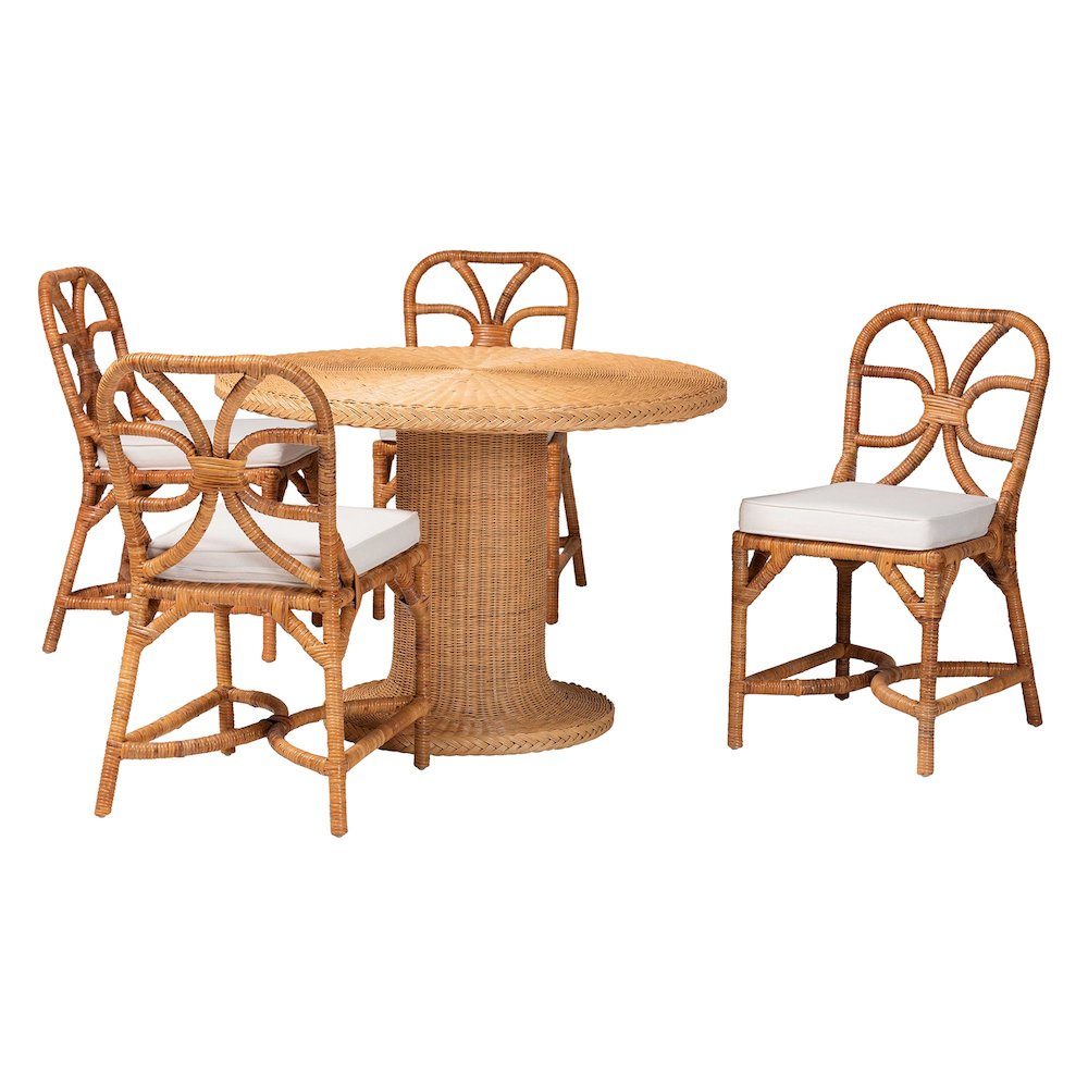 5-Piece Dining Set -Round Wicker Table,Pedestal Base, 4 Side Chairs, Light Honey. Picture 1