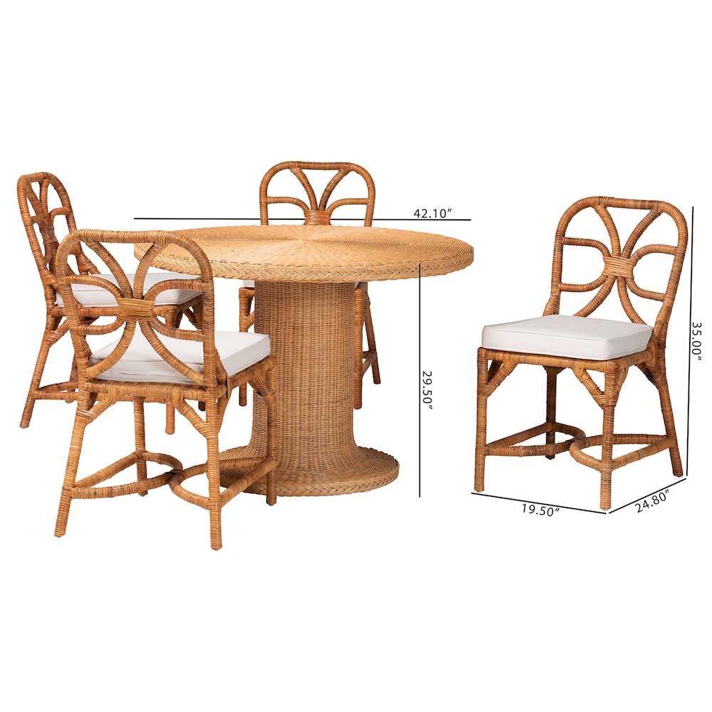 5-Piece Dining Set -Round Wicker Table,Pedestal Base, 4 Side Chairs, Light Honey. Picture 9