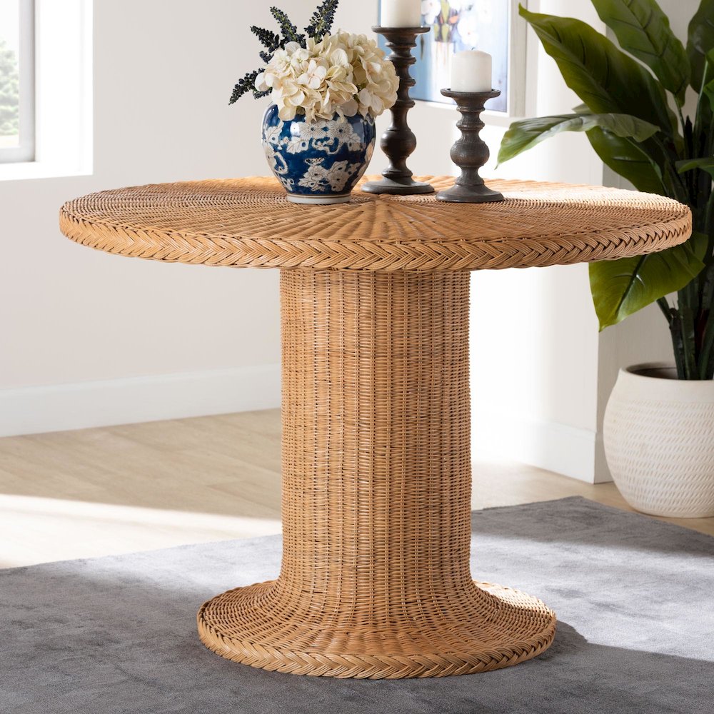 Farrow Bohemian Braided Light Honey Rattan Dining Table. Picture 6