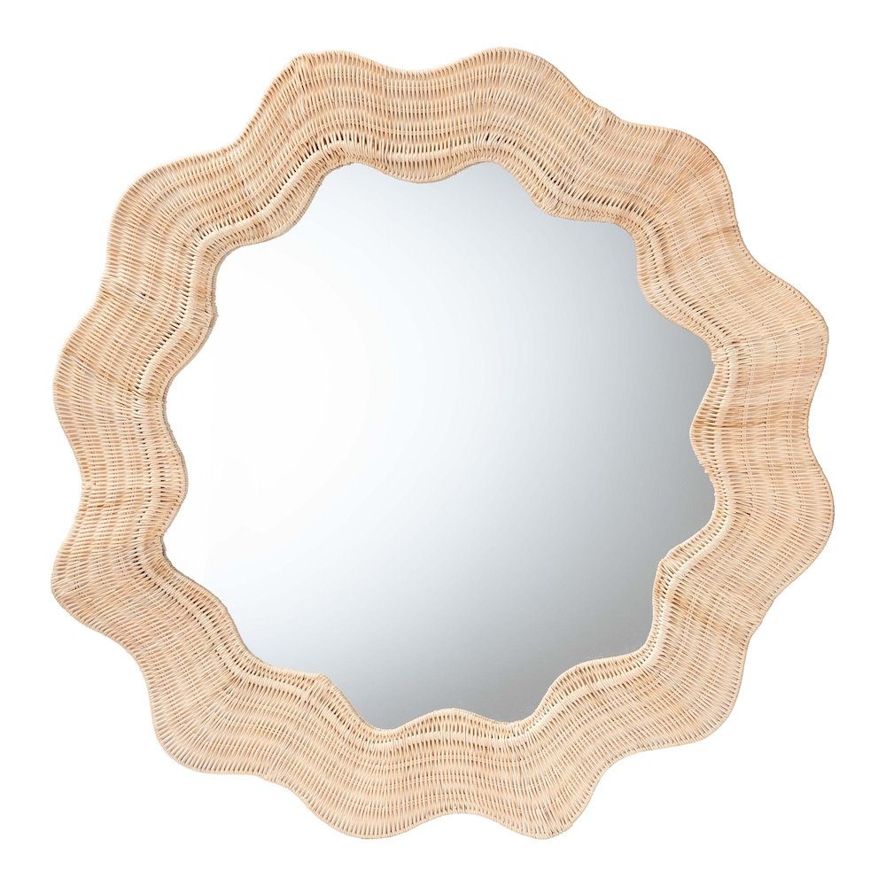 Hasana Coastal Scalloped Natural Rattan Round Accent Wall Mirror. Picture 1