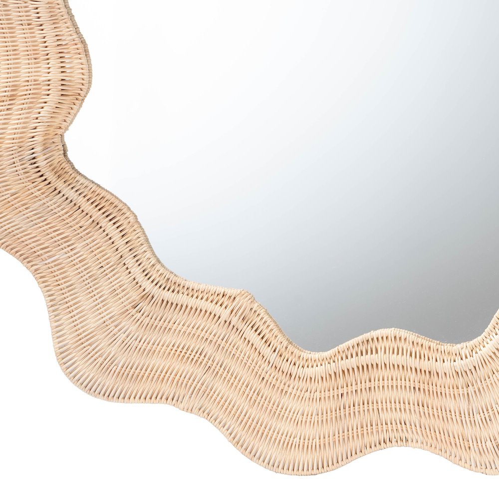 Hasana Coastal Scalloped Natural Rattan Round Accent Wall Mirror. Picture 2