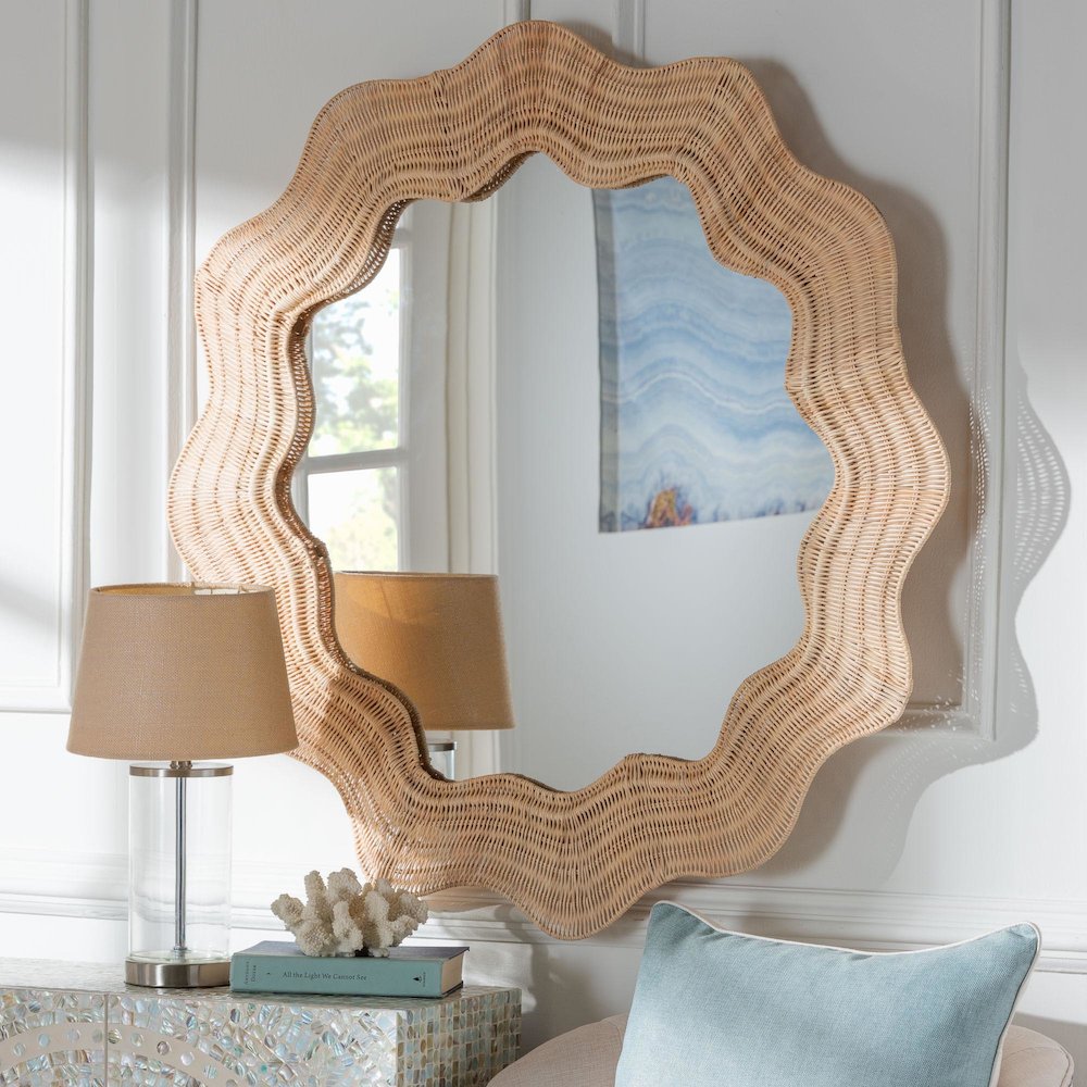 Hasana Coastal Scalloped Natural Rattan Round Accent Wall Mirror. Picture 3