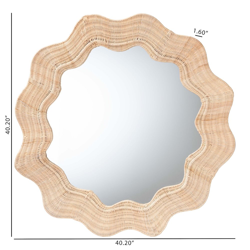 Hasana Coastal Scalloped Natural Rattan Round Accent Wall Mirror. Picture 4