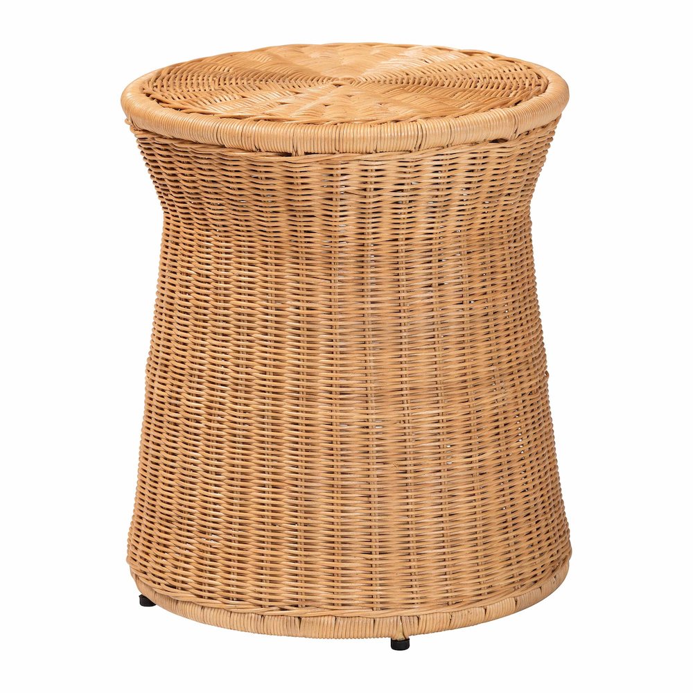 Caroline Round Natural Rattan End Table - Handwoven Wicker Drum Shape. Picture 1