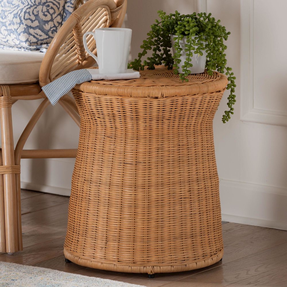 Caroline Round Natural Rattan End Table - Handwoven Wicker Drum Shape. Picture 6
