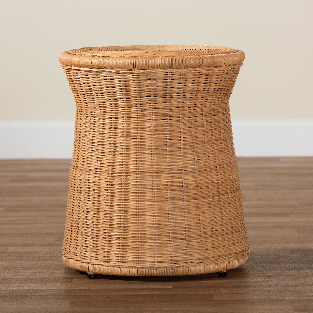 Caroline Round Natural Rattan End Table - Handwoven Wicker Drum Shape. Picture 7