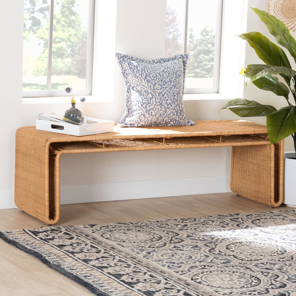 Nevada Bohemian Light Honey Rattan Accent Bench. Picture 6