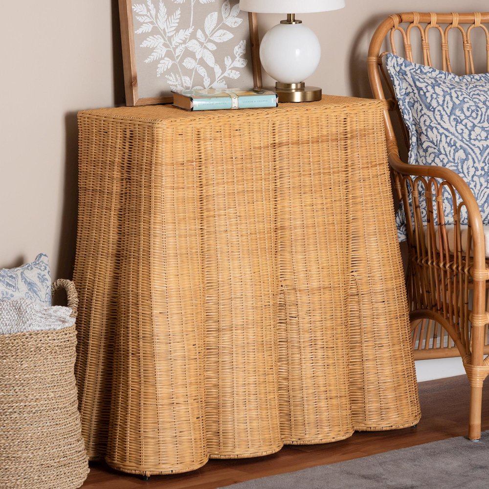 Palm Scallop Natural Rattan Console Table - Handwoven Wicker Accent Table. Picture 2