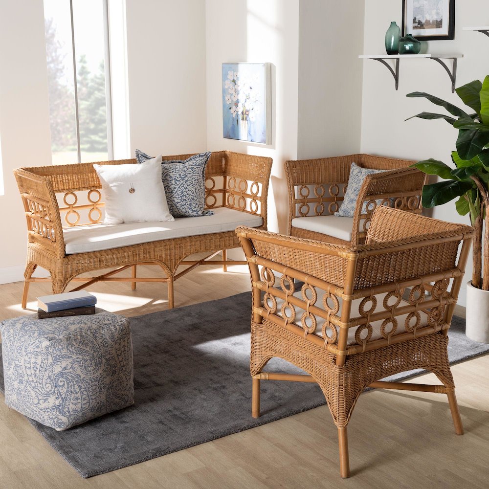 Oxford Bohemian Light Honey Rattan 3-Piece Living Room Chair Set. Picture 7
