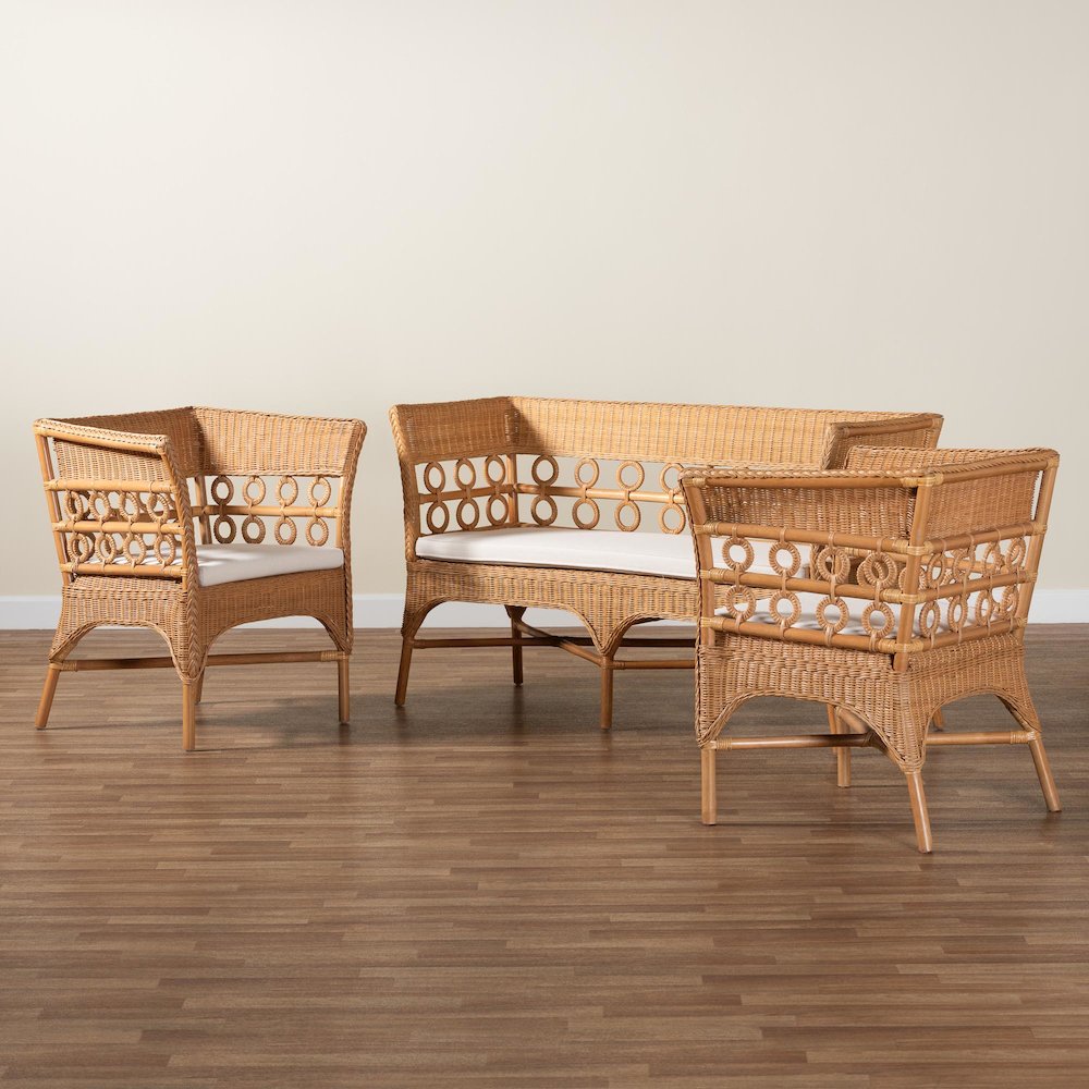 Oxford Bohemian Light Honey Rattan 3-Piece Living Room Chair Set. Picture 8