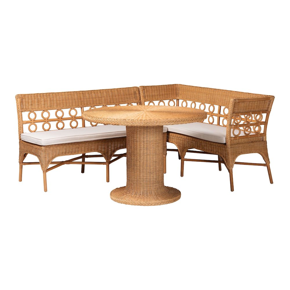 Monica Bohemian Light Honey Rattan 3-Piece Dining Nook Set. Picture 1
