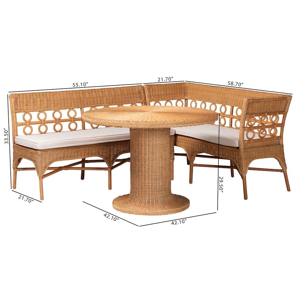 Monica Bohemian Light Honey Rattan 3-Piece Dining Nook Set. Picture 11