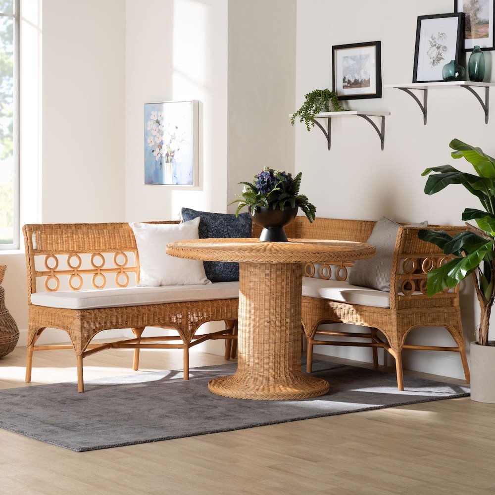 Monica Bohemian Light Honey Rattan 3-Piece Dining Nook Set. Picture 9