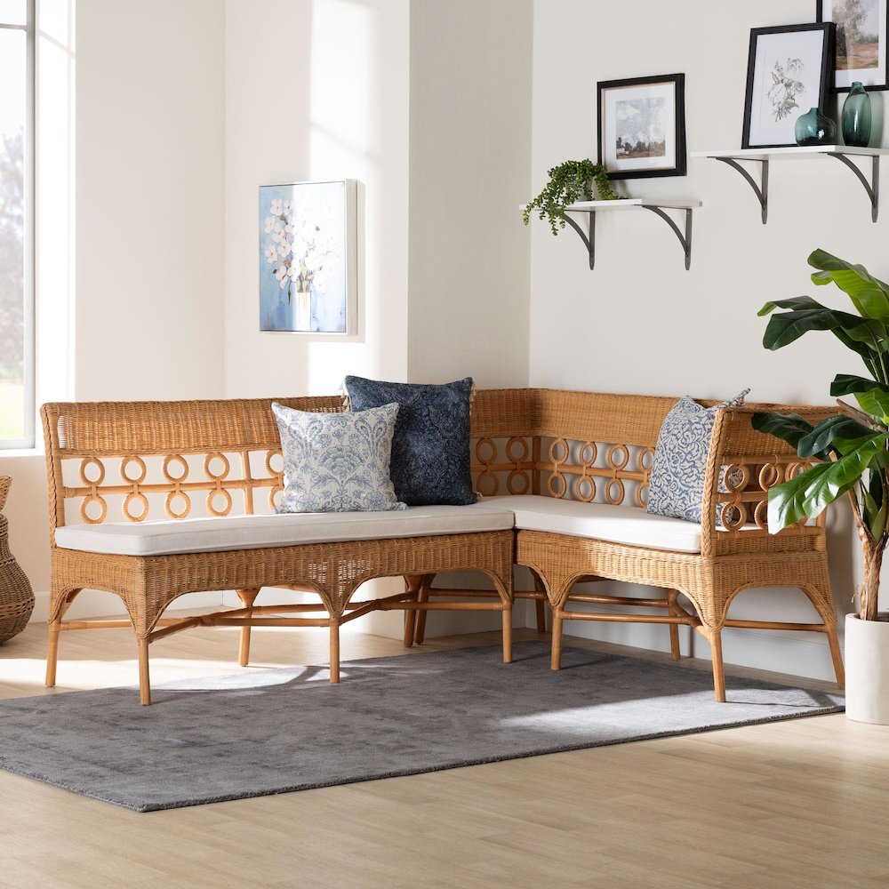 Oxford Bohemian Light Honey Rattan 2-Piece Dining Nook Bench Set. Picture 7