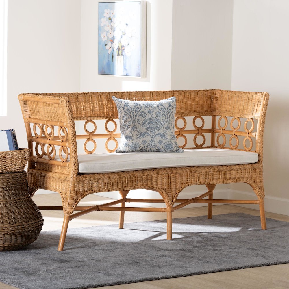 Oxford Bohemian Light Honey Rattan Dining Bench with Armrests. Picture 8