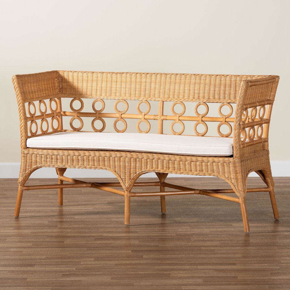 Oxford Bohemian Light Honey Rattan Dining Bench with Armrests. Picture 9