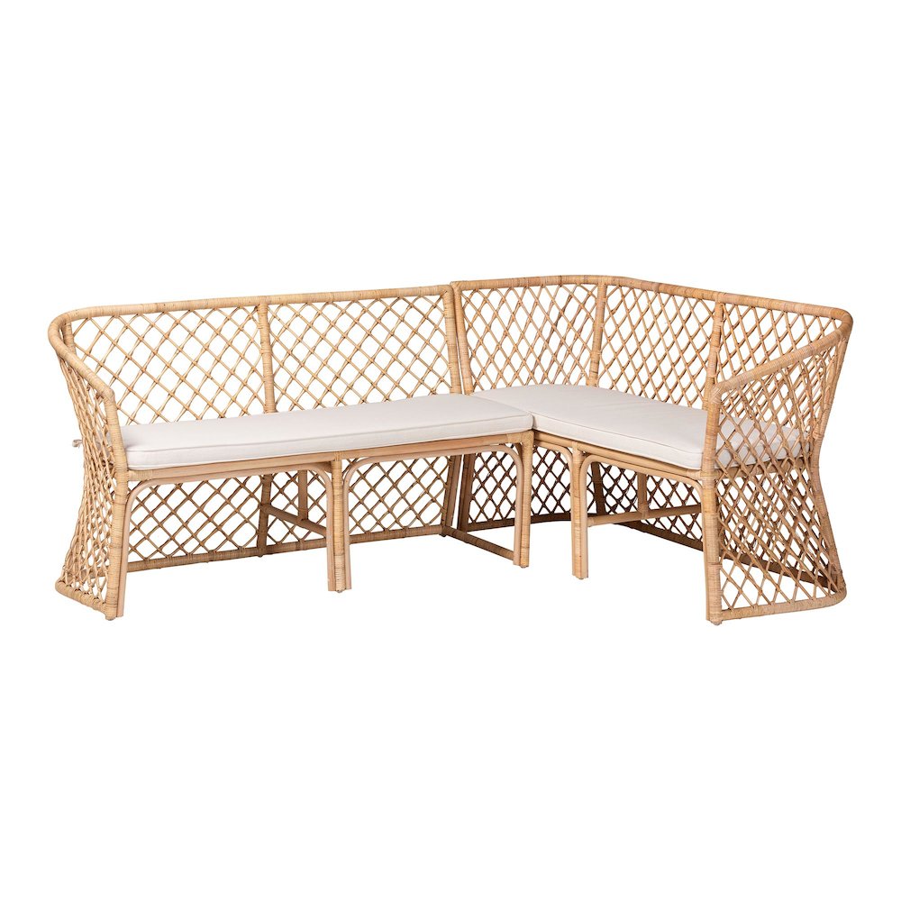 Aysi Bohemian Light Honey Rattan 2-Piece Dining Nook Bench Set. Picture 1