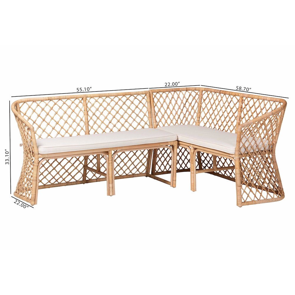 Aysi Bohemian Light Honey Rattan 2-Piece Dining Nook Bench Set. Picture 11